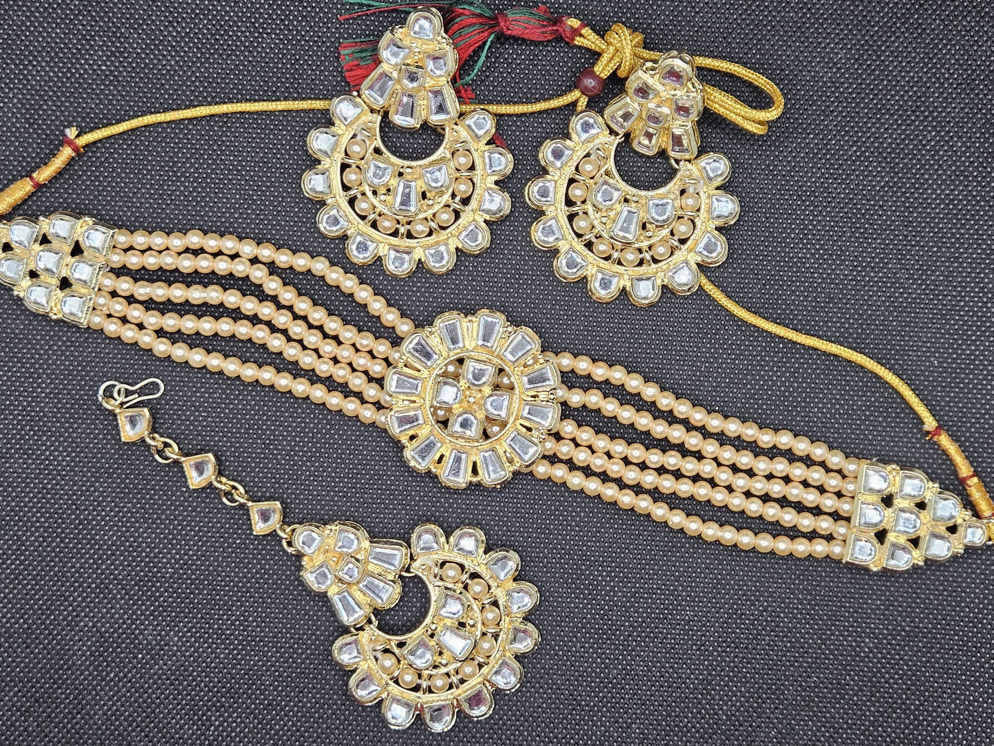 Indian Gold Finish Pearls Crystal Stones Choker Necklace Set