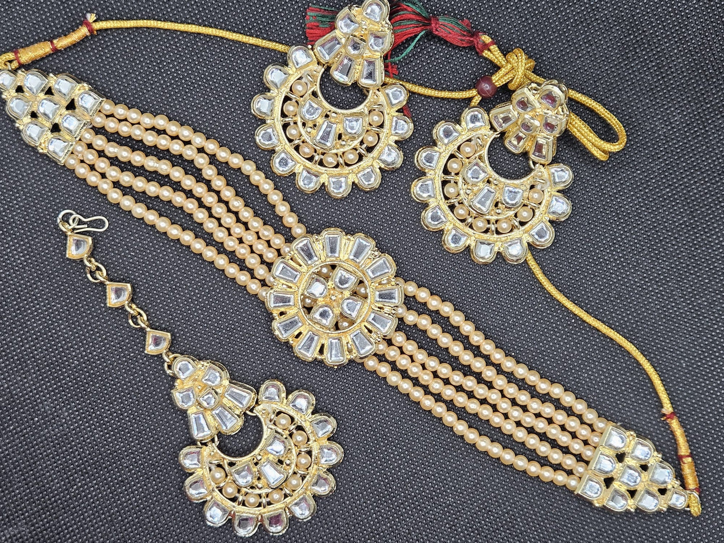 Indian Gold Finish Pearls Crystal Stones Choker Necklace Set