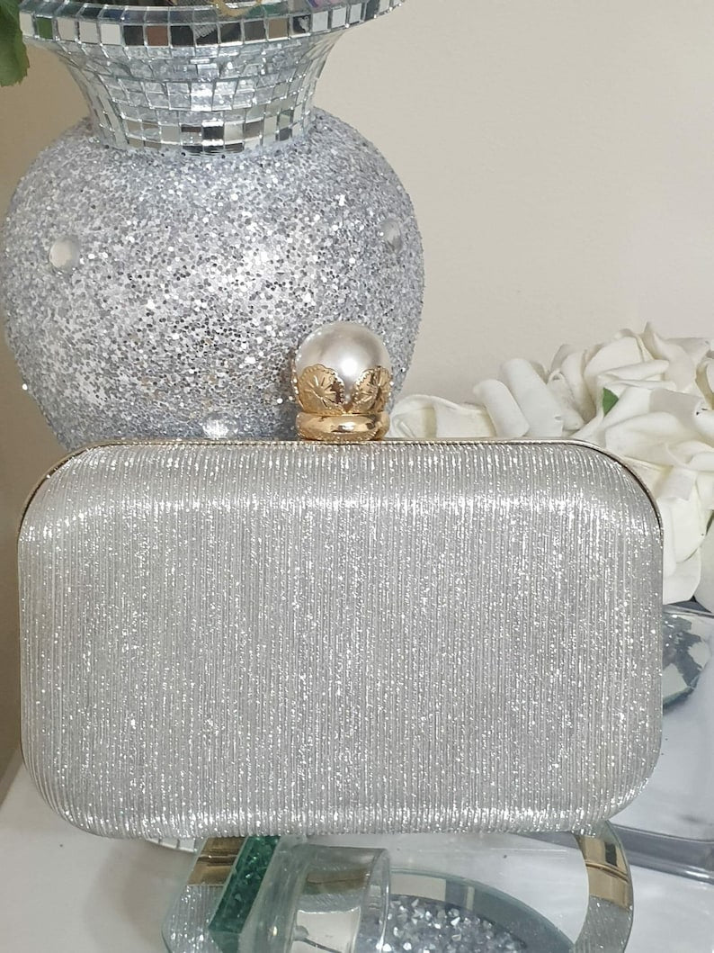 Fancy Clutch || Bag For Parties And Occasions Silver Glitter Shiny Gold Frame With Fancy Handel