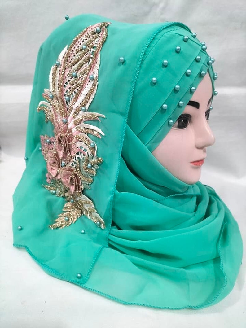 Muslim Girls Pearls Chiffon Floral Embroidery Ready To Wear Fancy Party Hijaab