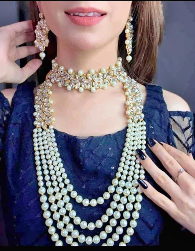 Pearls Multi layers Long Necklace Choker Full Wedding Jewellery Set