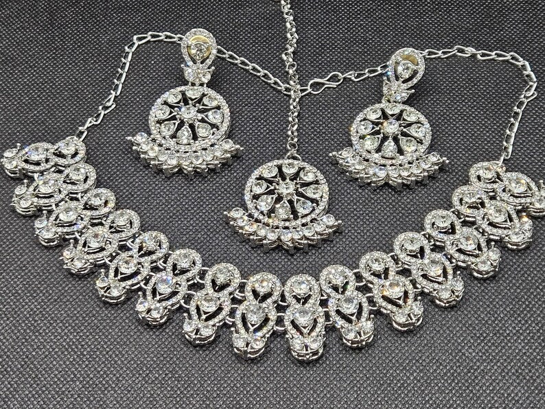 Desi Style Silver Finish White Stones Necklace Jewellery Sets