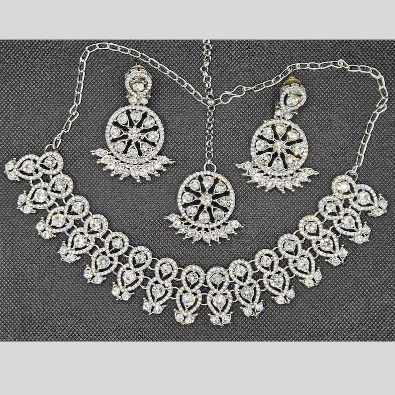 Desi Style Silver Finish White Stones Necklace Jewellery Sets
