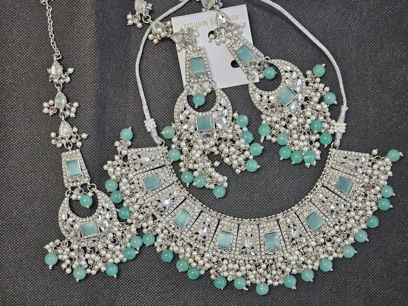 Asian Wedding Silver Plated Jewellery Set WIth Pearls and Stones