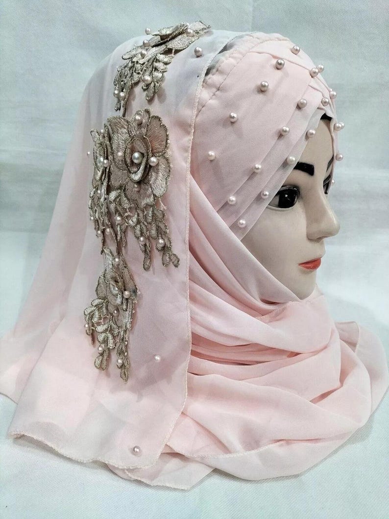 Muslim Girls Pearls Chiffon Floral Embroidery Ready To Wear Fancy Party Hijaab