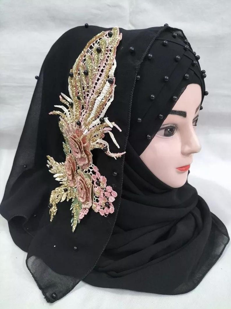 Muslim Girls Pearls Chiffon Floral Embroidery Ready To Wear Fancy Party Hijaab