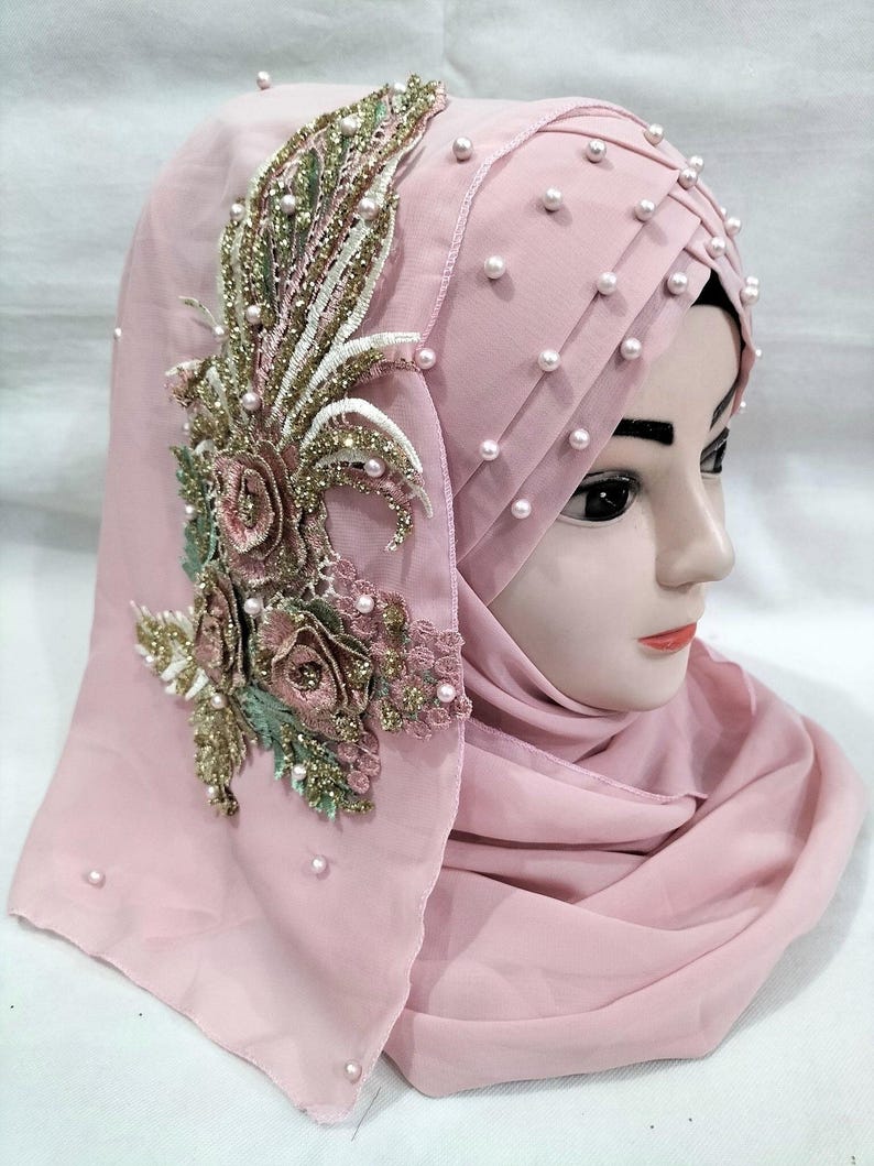 Muslim Girls Pearls Chiffon Floral Embroidery Ready To Wear Fancy Party Hijaab