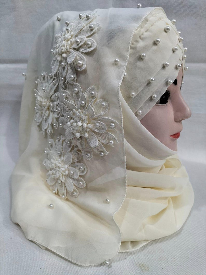 Muslim Girls Pearls Chiffon Floral Embroidery Ready To Wear Fancy Party Hijaab