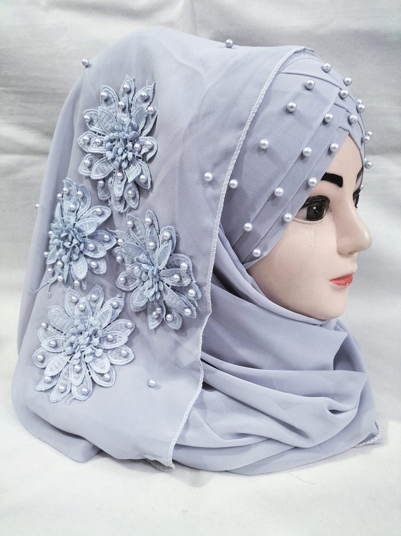 Muslim Girls Pearls Chiffon Floral Embroidery Ready To Wear Fancy Party Hijaab