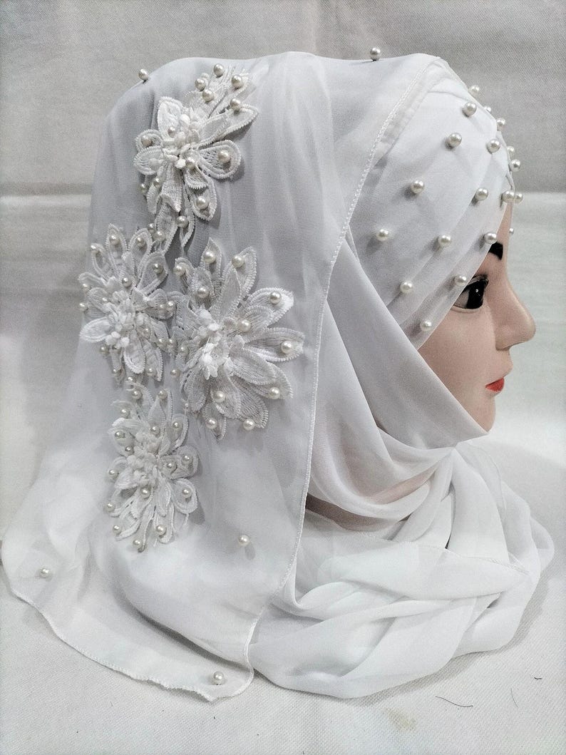 Muslim Girls Pearls Chiffon Floral Embroidery Ready To Wear Fancy Party Hijaab