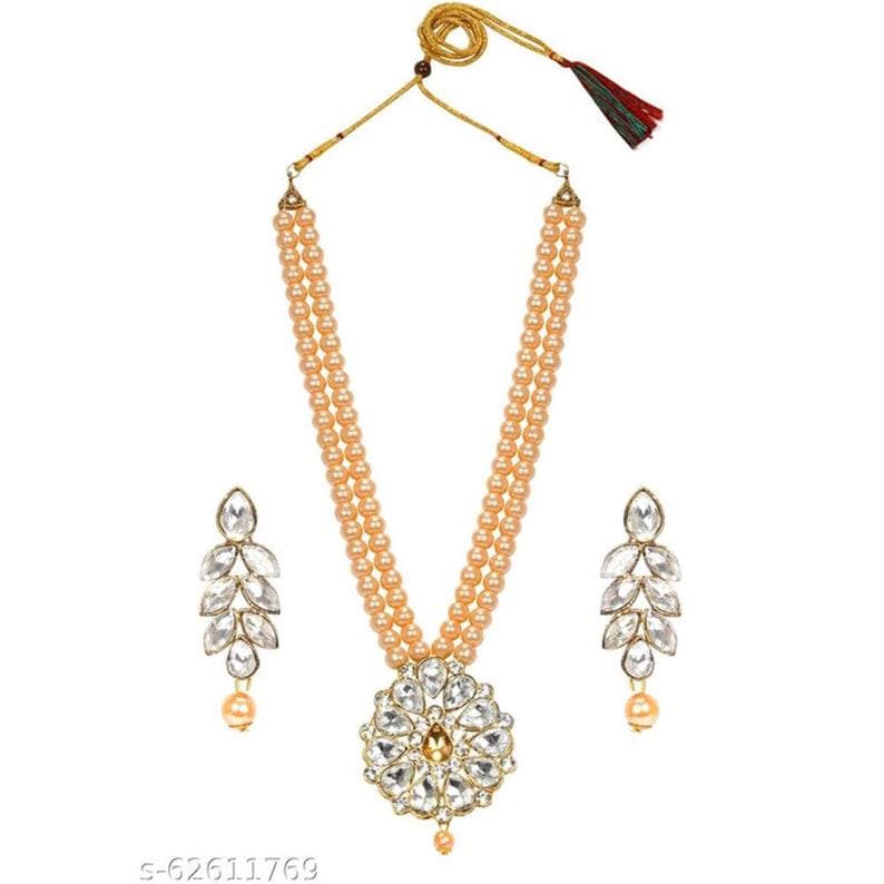 Indian Style Kundan And Beads Long Pearls Pendant Set Earrings