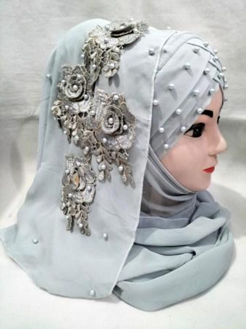 Muslim Girls Pearls Chiffon Floral Embroidery Ready To Wear Fancy Party Hijaab