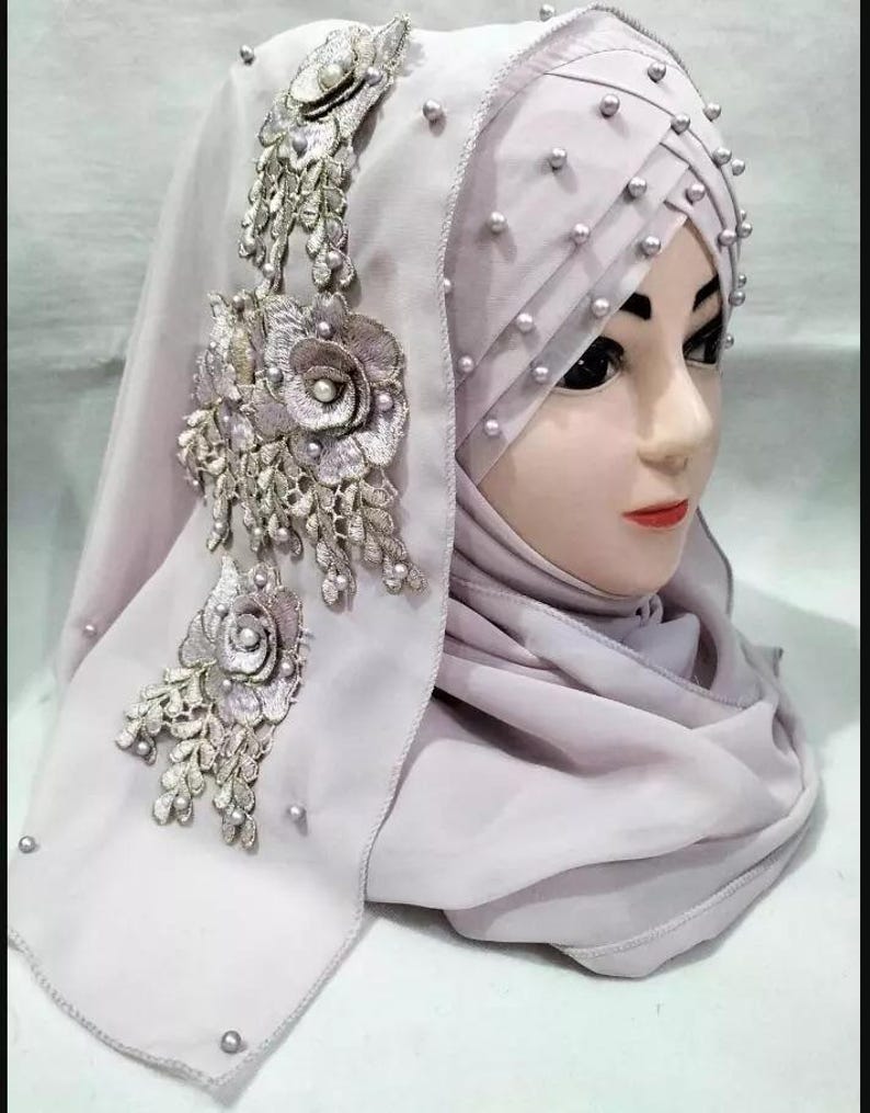 Muslim Girls Pearls Chiffon Floral Embroidery Ready To Wear Fancy Party Hijaab