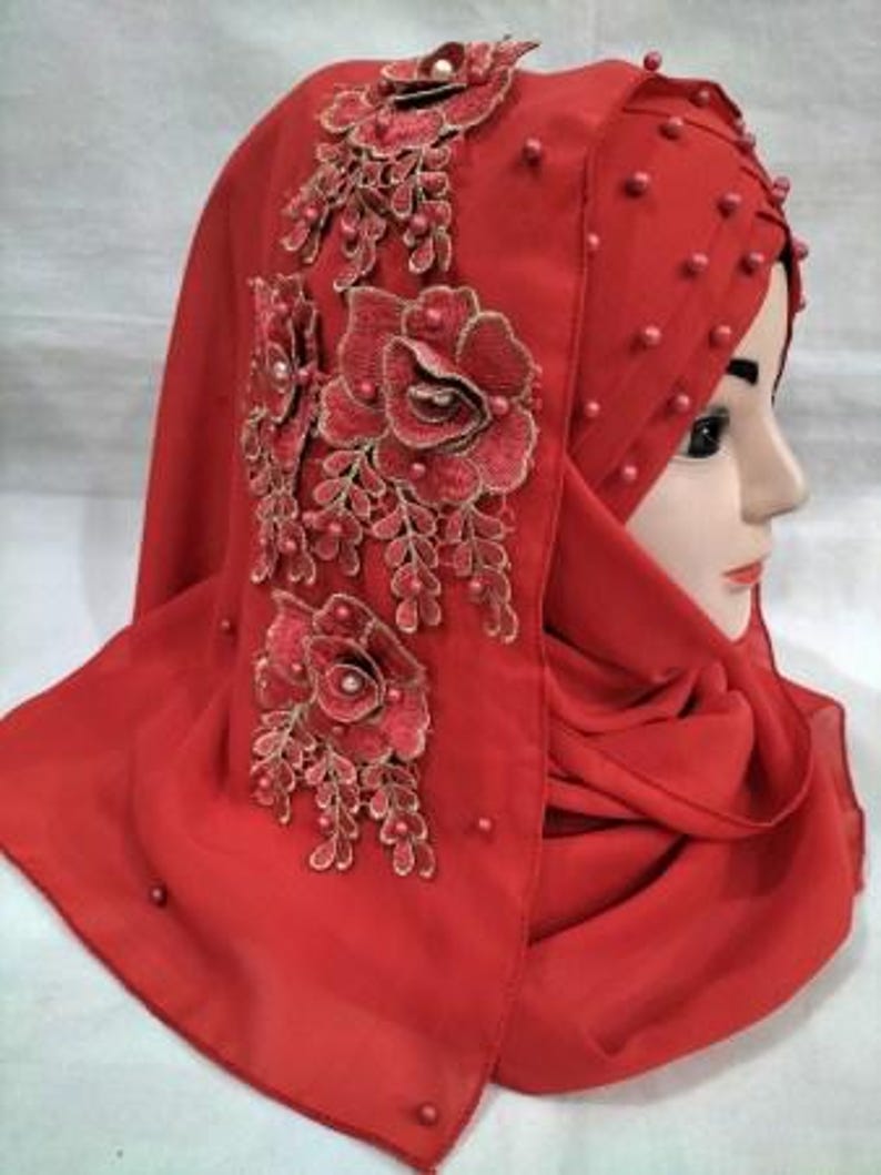 Muslim Girls Pearls Chiffon Floral Embroidery Ready To Wear Fancy Party Hijaab