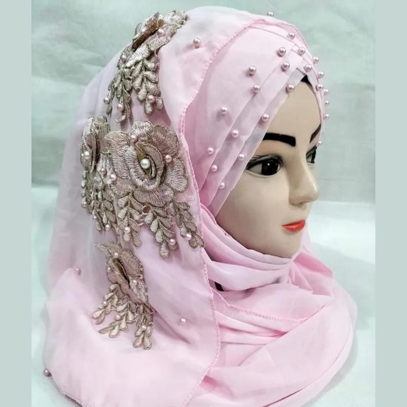 Muslim Girls Pearls Chiffon Floral Embroidery Ready To Wear Fancy Party Hijaab