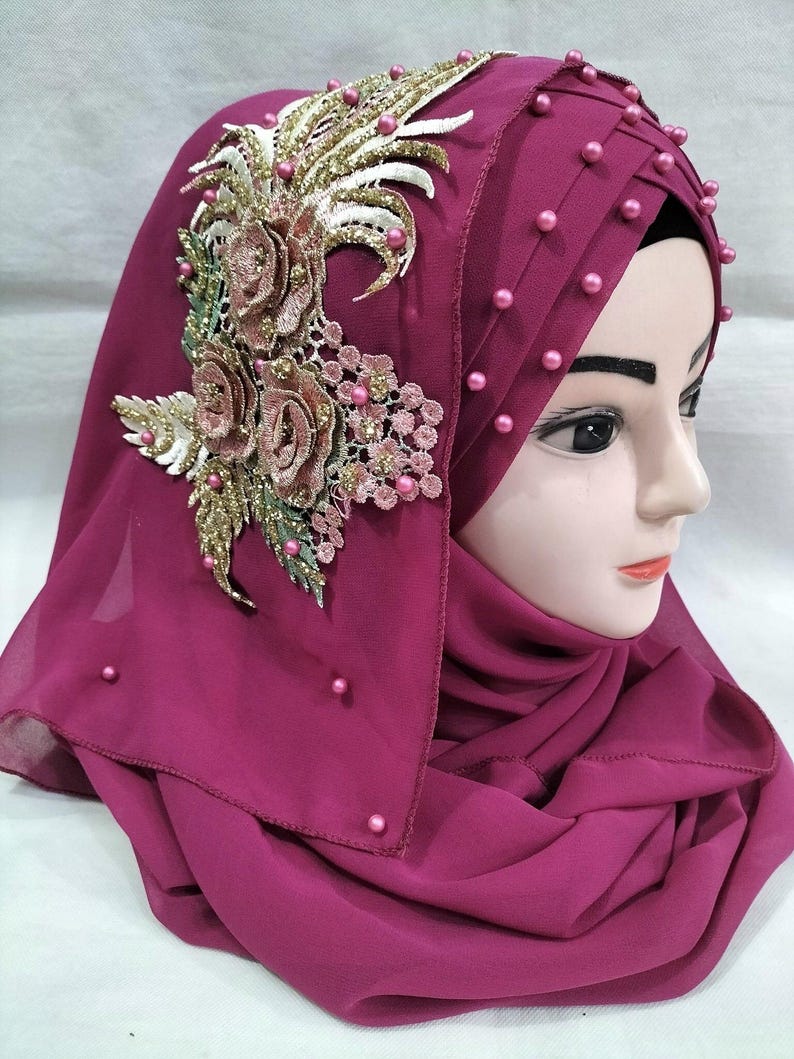 Muslim Girls Pearls Chiffon Floral Embroidery Ready To Wear Fancy Party Hijaab