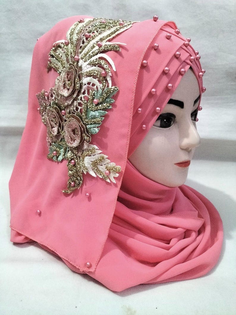 Muslim Girls Pearls Chiffon Floral Embroidery Ready To Wear Fancy Party Hijaab