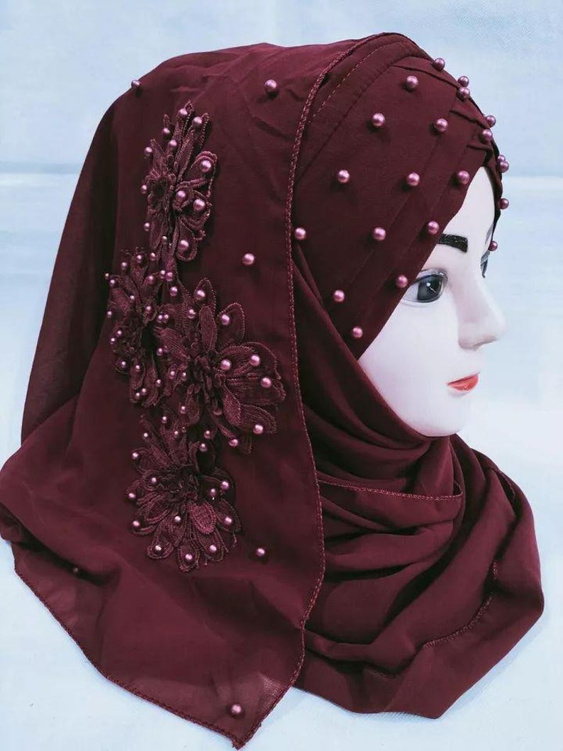 Muslim Girls Pearls Chiffon Floral Embroidery Ready To Wear Fancy Party Hijaab