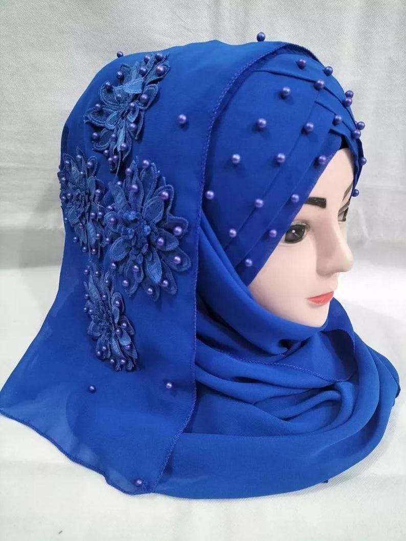 Muslim Girls Pearls Chiffon Floral Embroidery Ready To Wear Fancy Party Hijaab