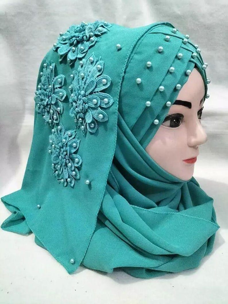 Muslim Girls Pearls Chiffon Floral Embroidery Ready To Wear Fancy Party Hijaab