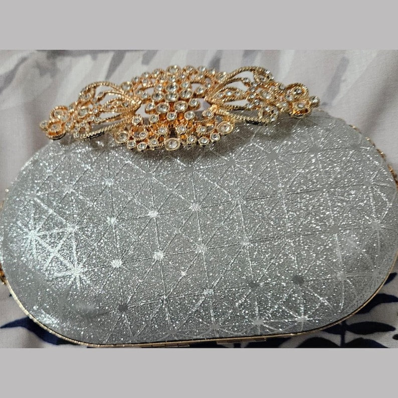 Fancy Clutch || Bag For Parties And Occasions Silver Glitter Shiny Gold Frame With Fancy Handel