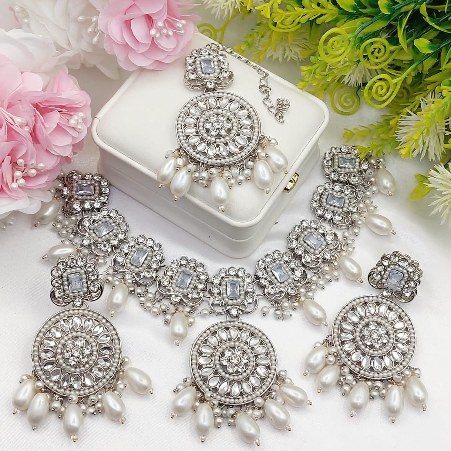 Indian Fine Quality Elegant Sheesha Kundan Stones Fancy Jewellery Set