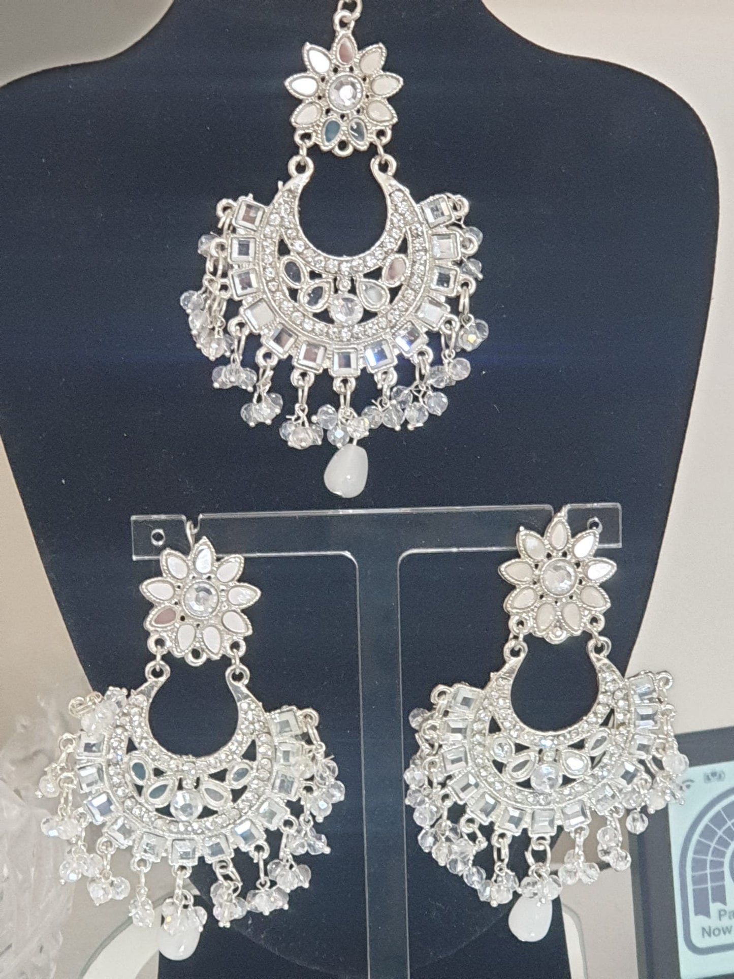 Sheesha Mirror Kundan Style, Dangler Earings Set With Tikka