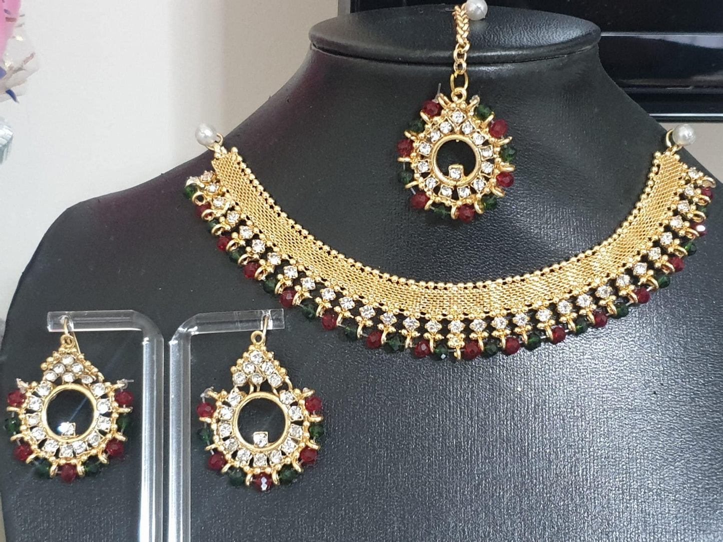 Gold Base Asian Style Multicolour Stone Jewellery Set