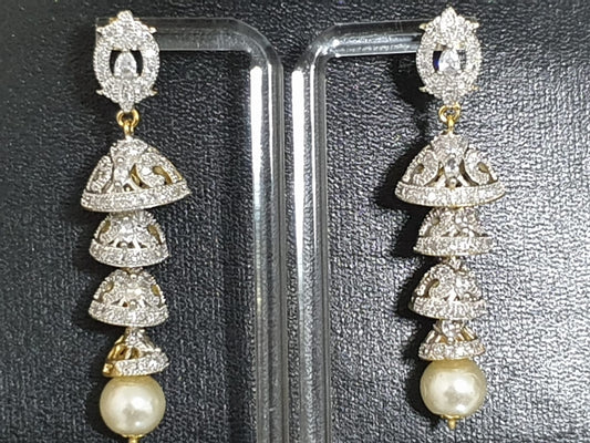Indian Zircon Silver Gold Combination 3 Step Jhumki Earings
