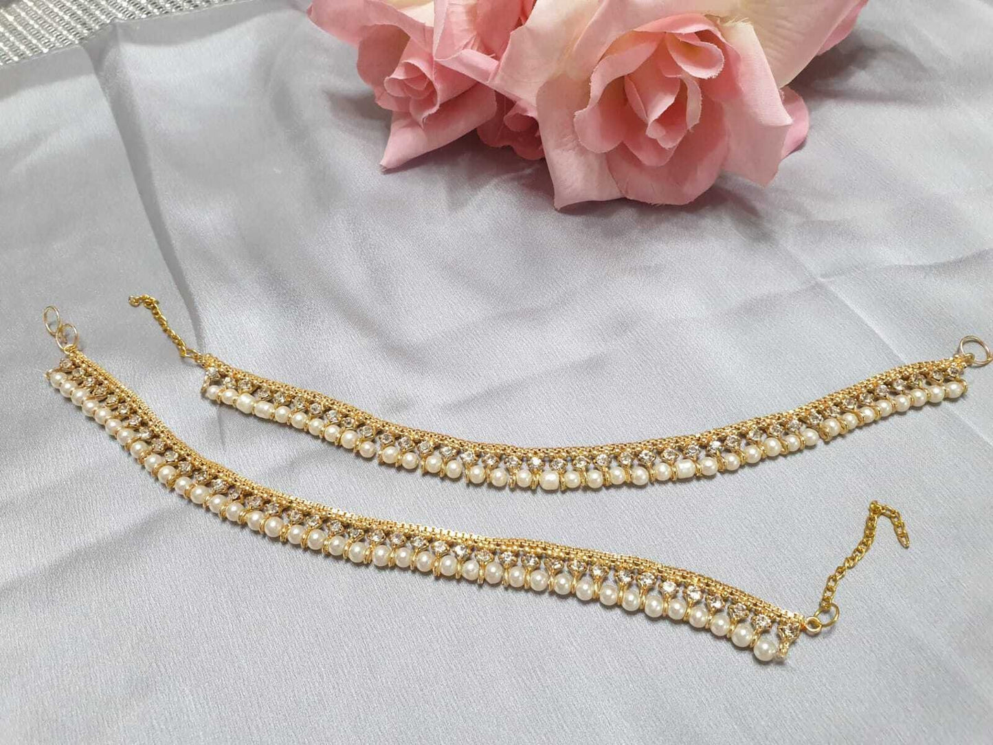 Bollywood Style Gold And Silver Base Small Pearl Payal Anklet