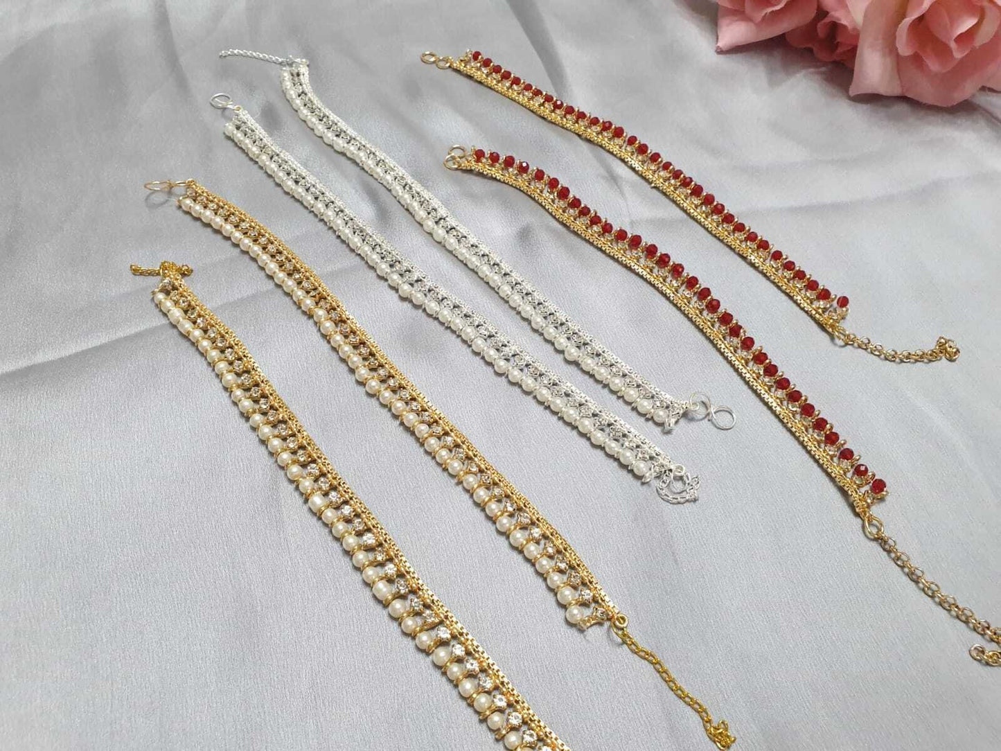 Bollywood Style Gold And Silver Base Small Pearl Payal Anklet