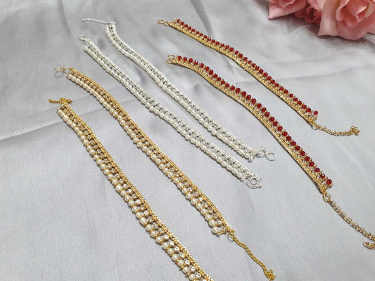 Bollywood Style Gold And Silver Base Small Pearl Payal Anklet
