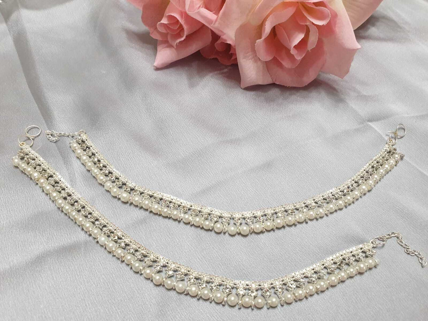 Bollywood Style Gold And Silver Base Small Pearl Payal Anklet