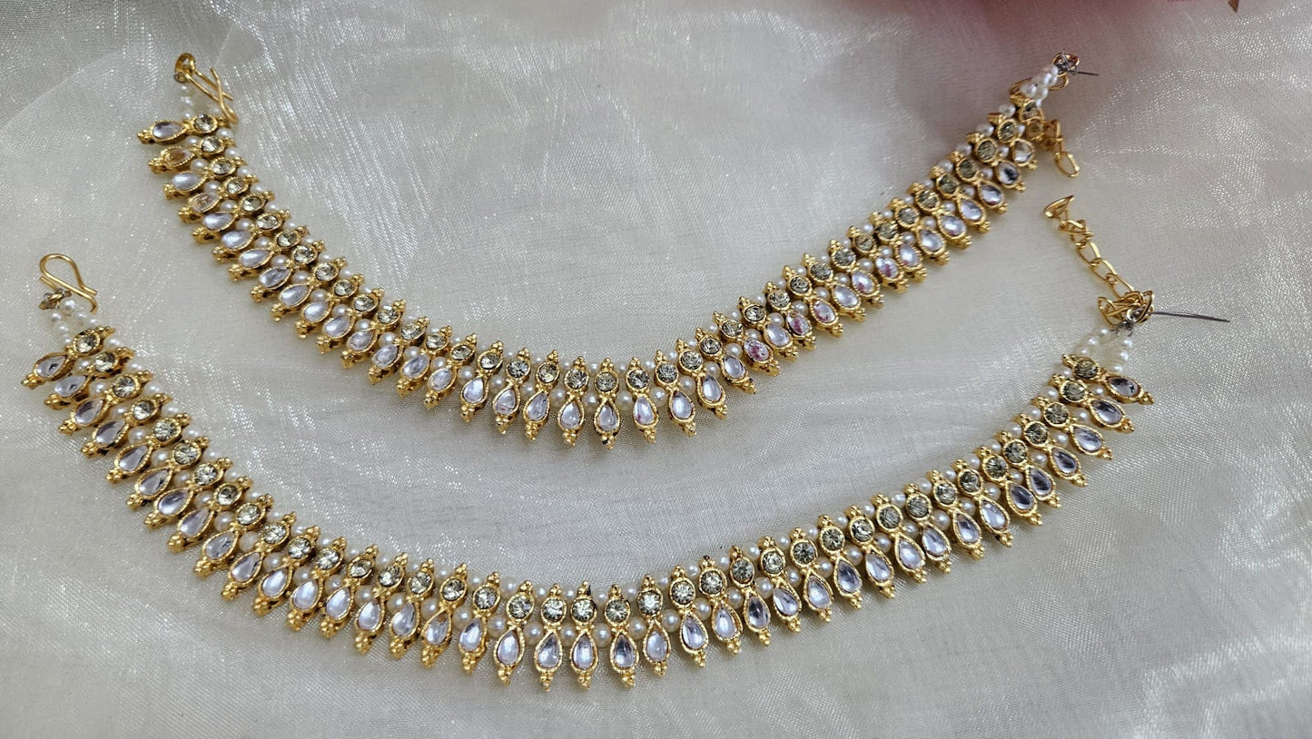 Gold Plated Kundan & pearl Studded Adjustable Bridal Anklets/Payal