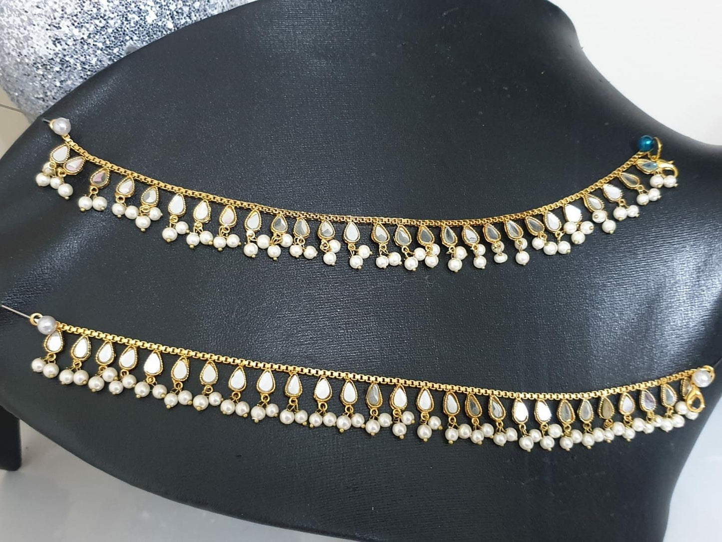 Pair Of Indian Gold Base Sheesha Mirror Kundan Payal Small Pearls