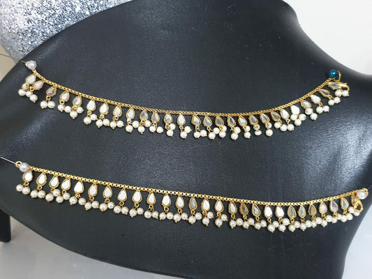 Pair Of Indian Gold Base Sheesha Mirror Kundan Payal Small Pearls