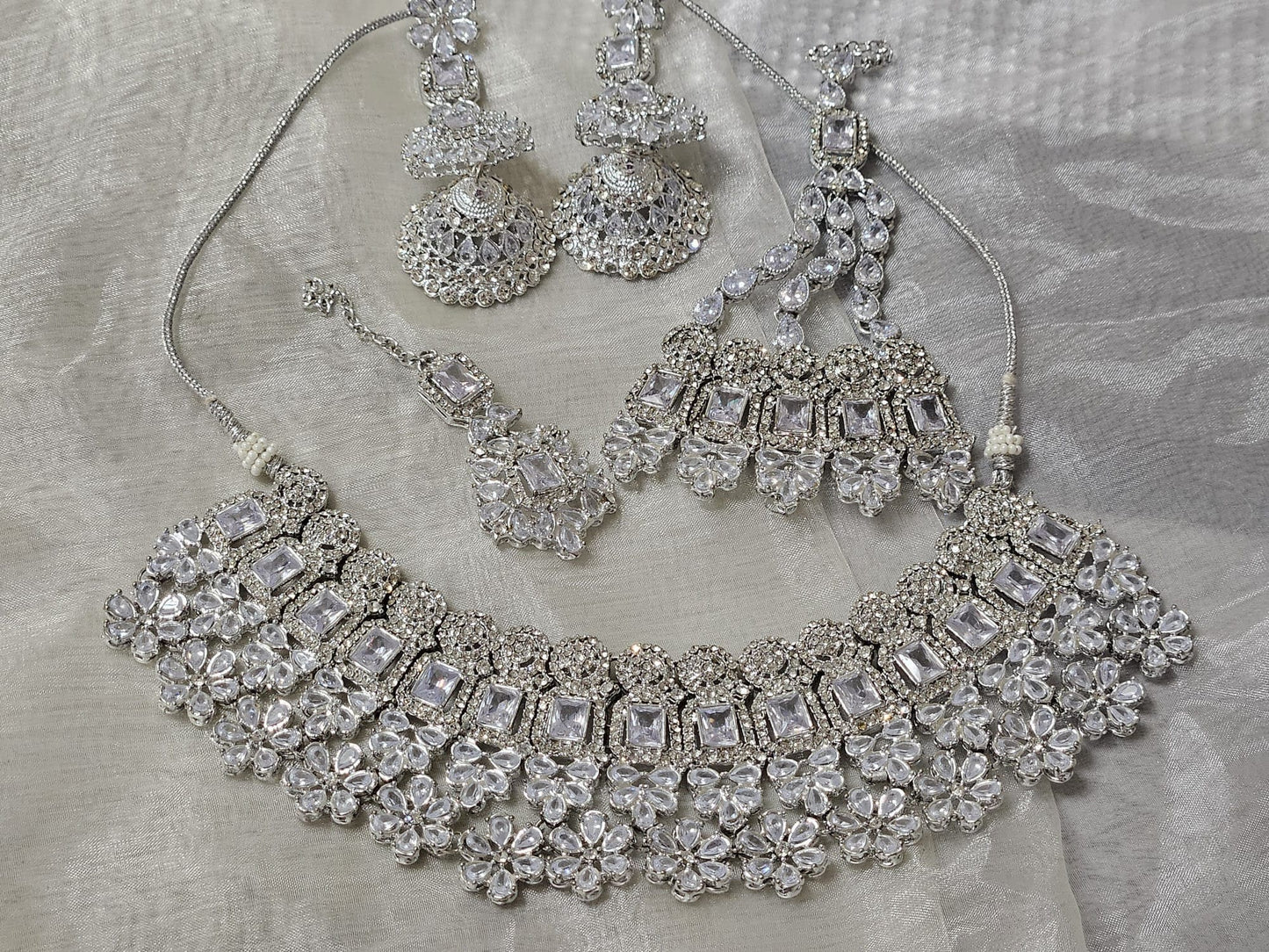 Traditional Silver Plated Stones Bridal Jewellery Set Earrings Jhumar Tikka