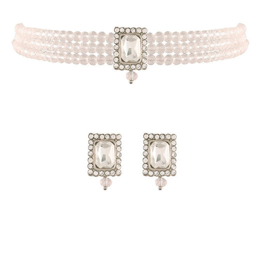 18K Silver Plated Crystal Silver Stone Beaded Choker Necklace Sets