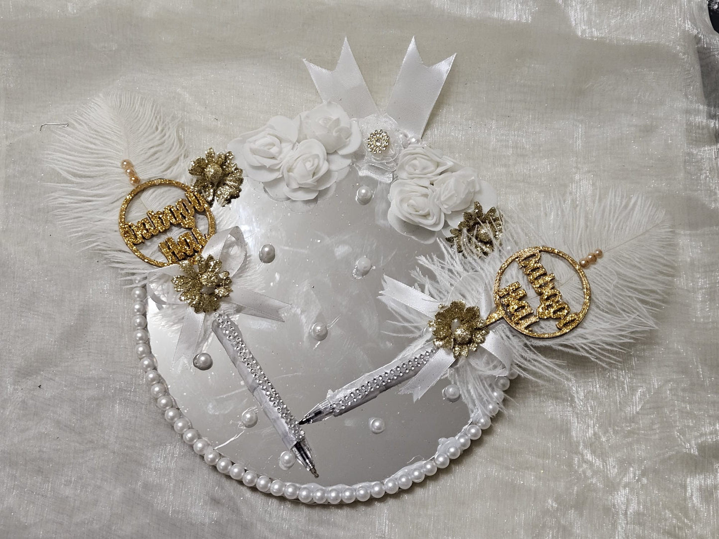 Floral mirrored  nikkah plate pair feather pen | Wedding Accessories
