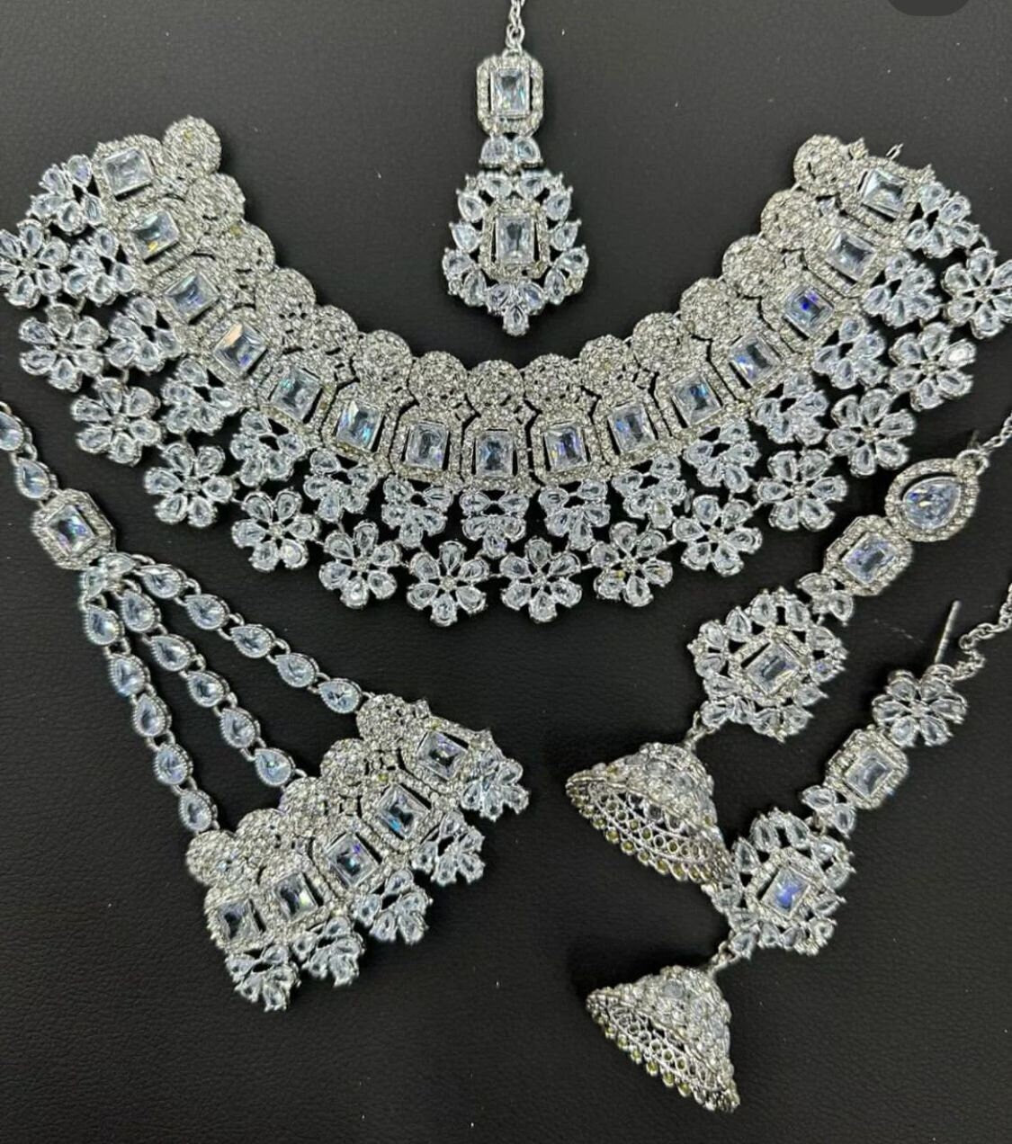 Traditional Silver Plated Stones Bridal Jewellery Set Earrings Jhumar Tikka