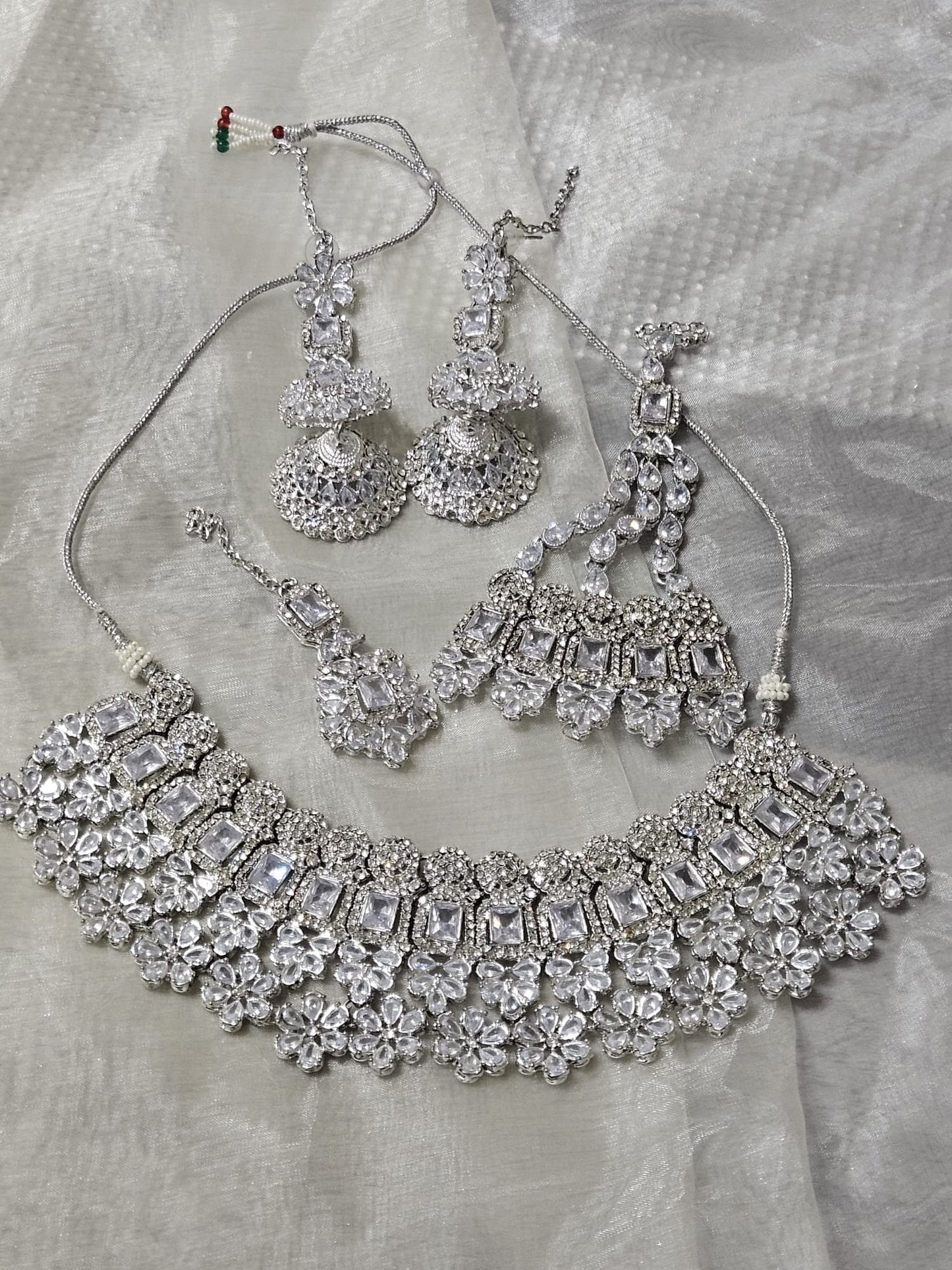 Traditional Silver Plated Stones Bridal Jewellery Set Earrings Jhumar Tikka