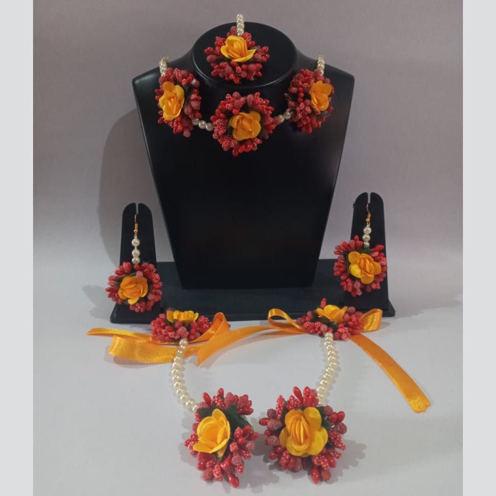 Artificial Red Base Flower Jewellery Sets Haldi Mehndi Dholki Sets