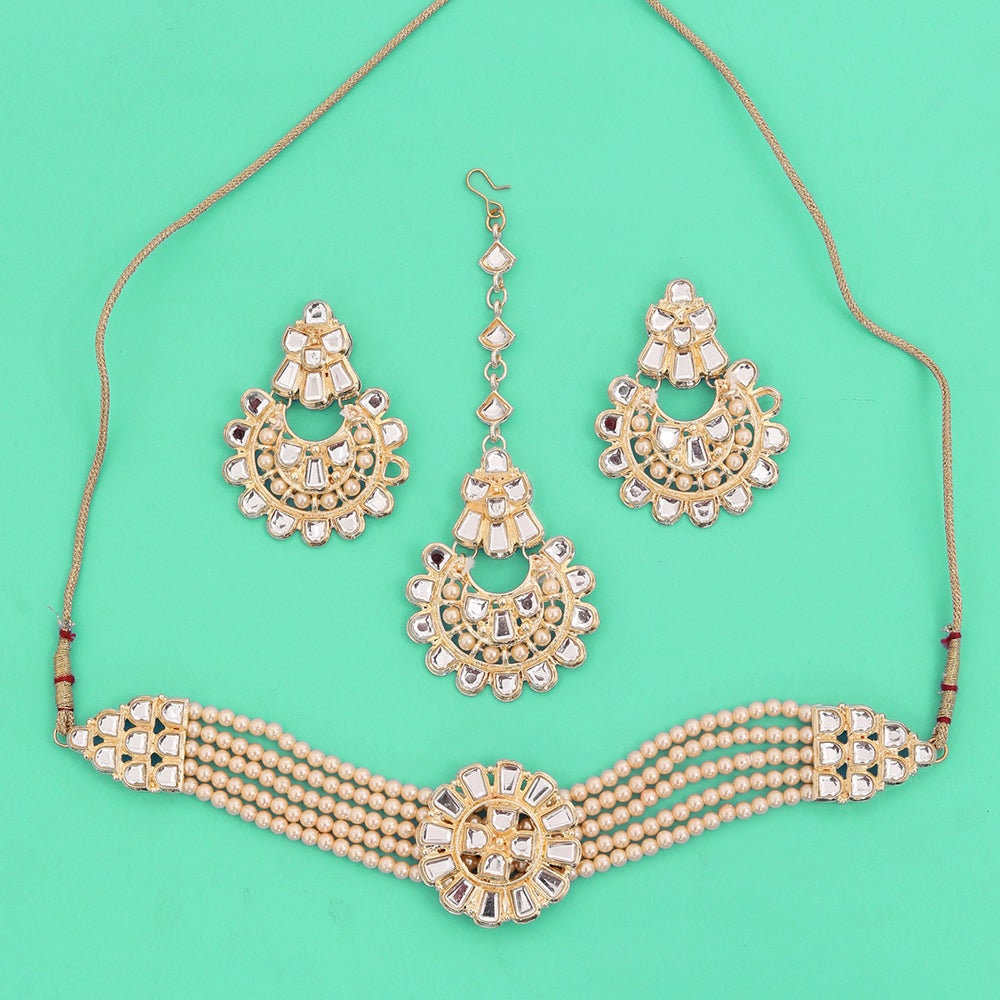 Indian Gold Finish Pearls Crystal Stones Choker Necklace Set