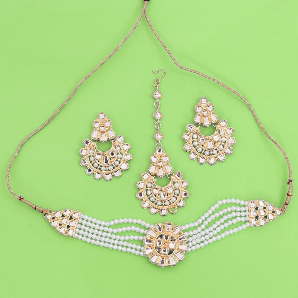 Indian Gold Finish Pearls Crystal Stones Choker Necklace Set