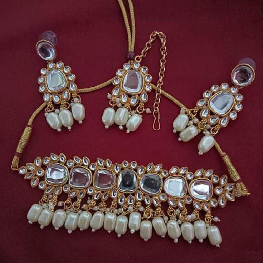 Indian Style Jewellery Gold Finish Mirror Kundan Stones Choker Sets