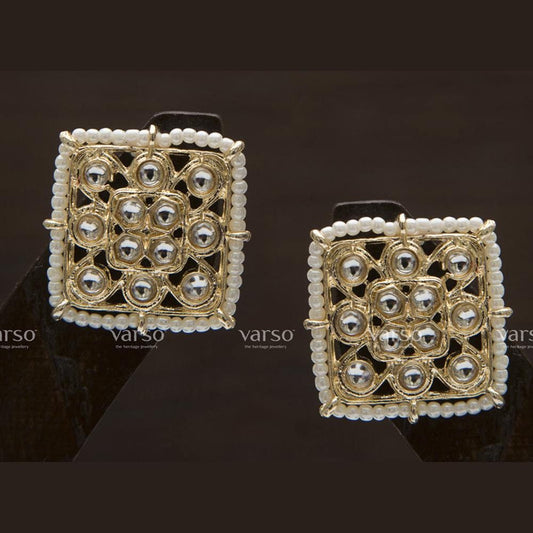 Gold Polish Brass Alloy White Pearl And Kundan Stud Earrings