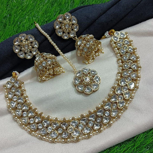 Antique Gold Plated Kundan Stones Pearls Necklace Set Jhumki Earrings