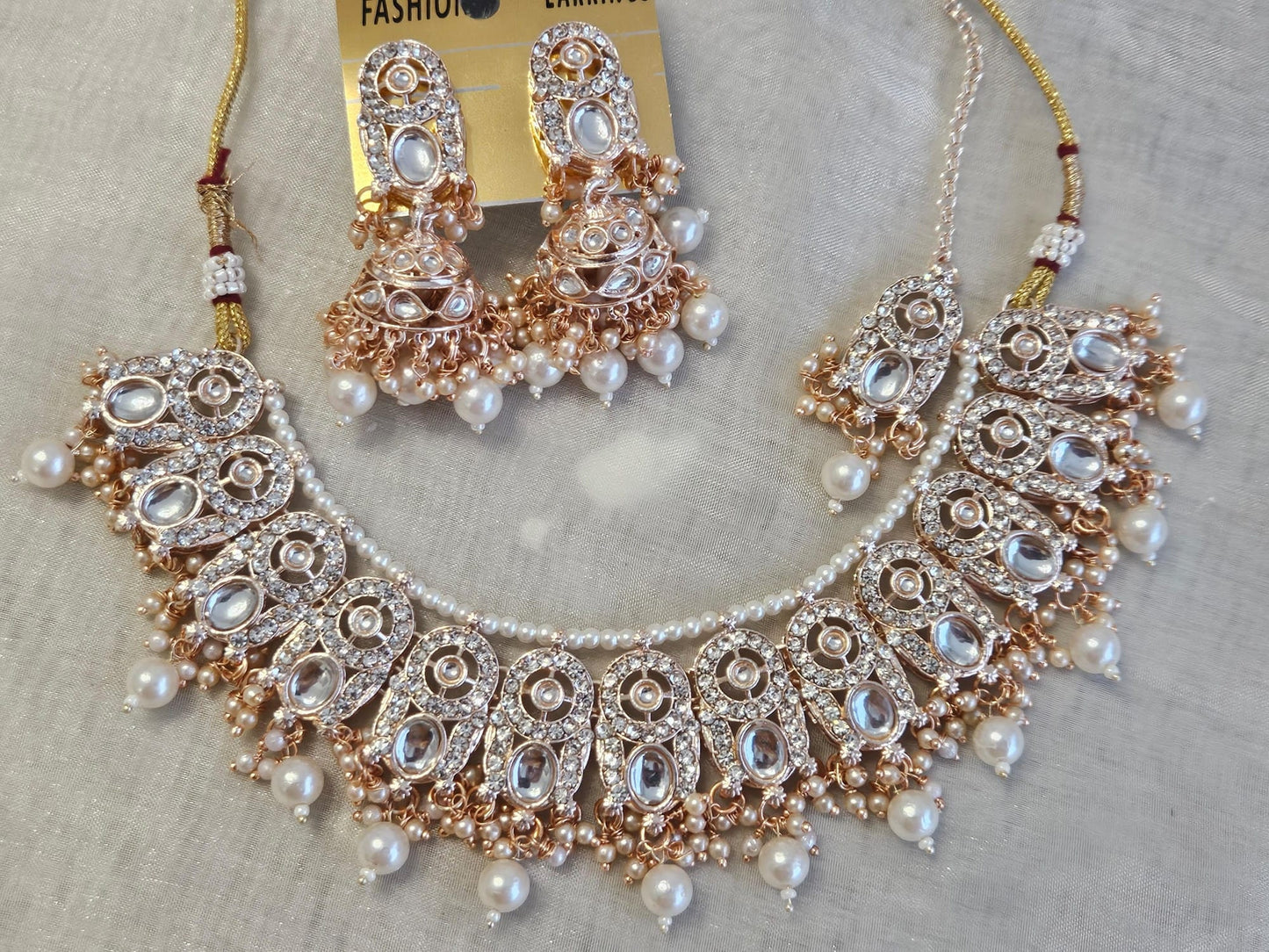 Indian Designer Rose Gold Plated Kundan Necklace Jhumka Set