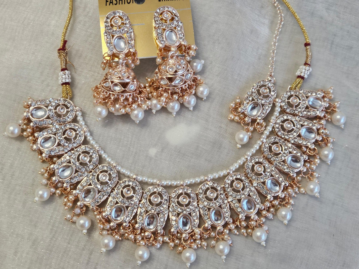 Indian Designer Rose Gold Plated Kundan Necklace Jhumka Set