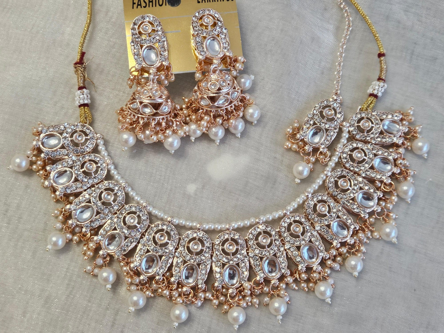 Indian Designer Rose Gold Plated Kundan Necklace Jhumka Set